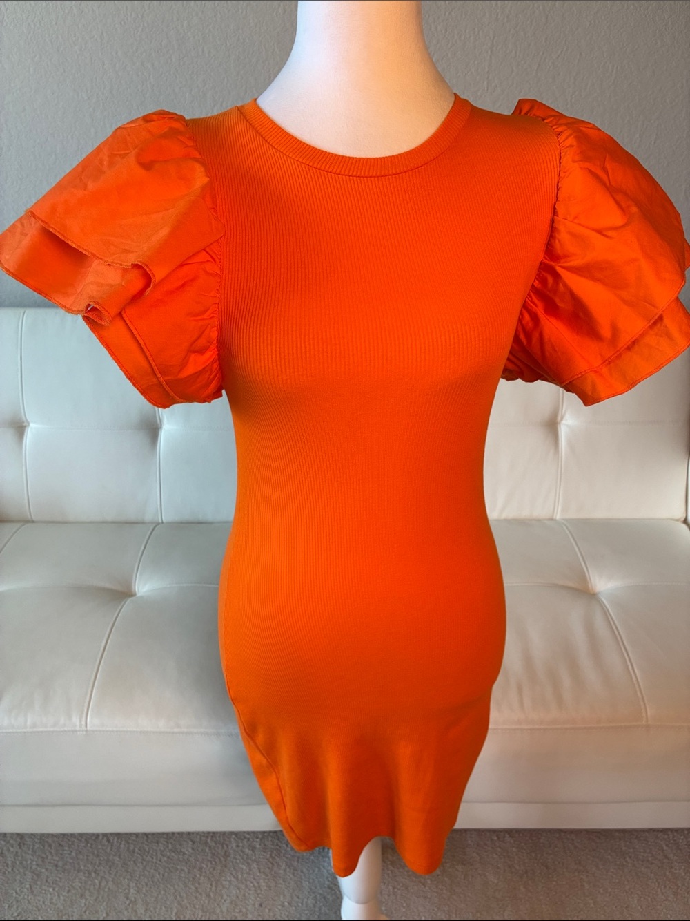 Zara Bright Orange Ribbed with Ruffled Sleeve Dress